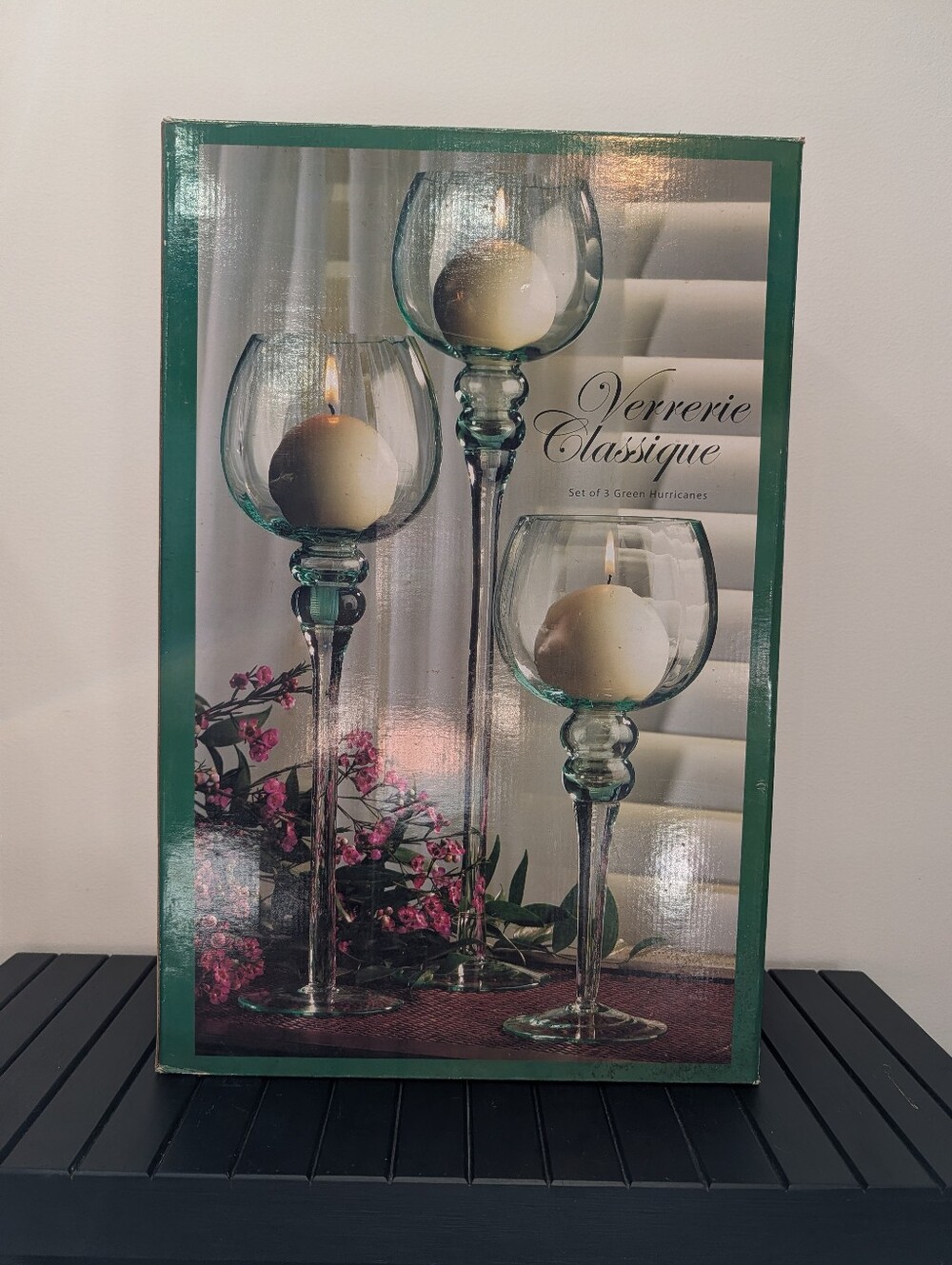 Verrerie Classique Set Of 3 Green Glass Hurricane Candle Holders